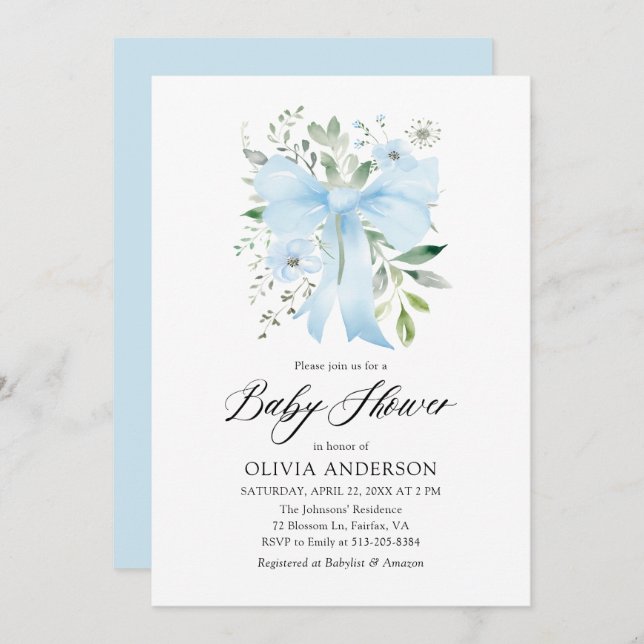 Blue Bow Baby in Bloom Floral Boy Baby Shower Invitation (Front/Back)