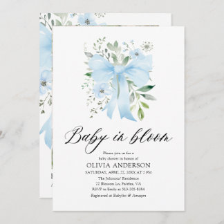 Blue Bow Baby in Bloom Floral Boy Baby Shower Invitation