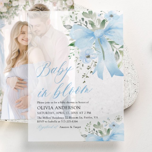 Blue Bow Baby in Bloom Floral Boy Baby Shower Vellum Invitations (Watercolor Blue Bow Floral Baby in Bloom Boy Baby Shower Vellum Invitations)