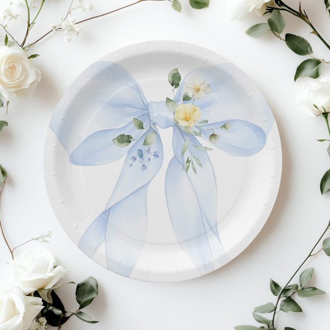 Blue Bow Baby in Bloom Wildflower Baby shower Paper Plate (Creator Uploaded)