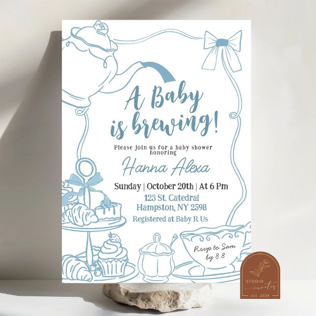 Blue Bow Baby is Brewing Tea Brunch Baby Shower Invitation (Creator Uploaded)