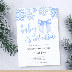 Blue Bow Baby Its Cold Outside Baby Shower Invitation