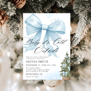 Blue Bow Baby It's Cold Outside Baby Shower Invitation