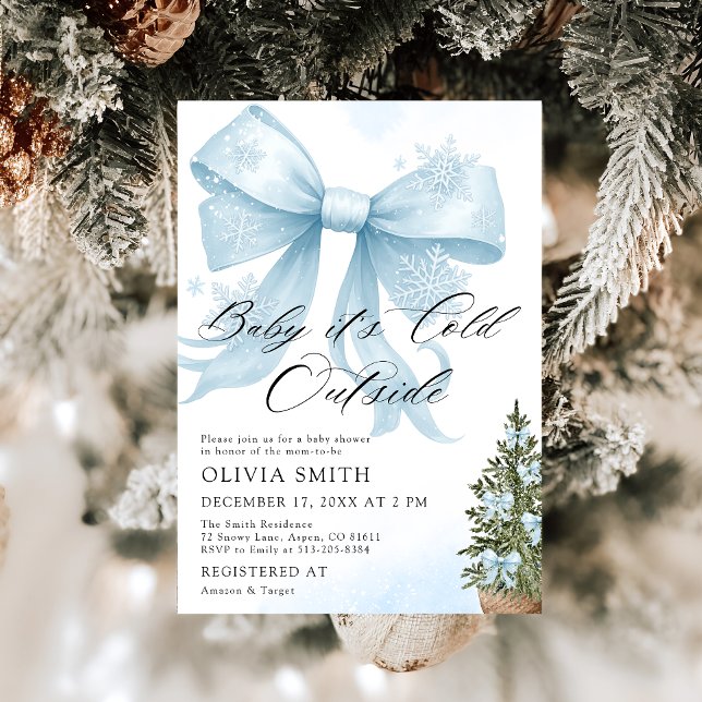 Blue Bow Baby It's Cold Outside Baby Shower Invitation (Creator Uploaded)
