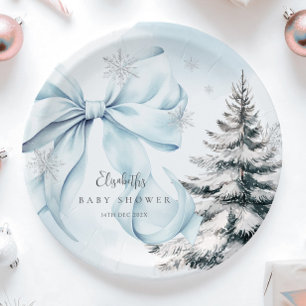Blue Bow Baby It's Cold Outside Baby Shower  Paper Plate