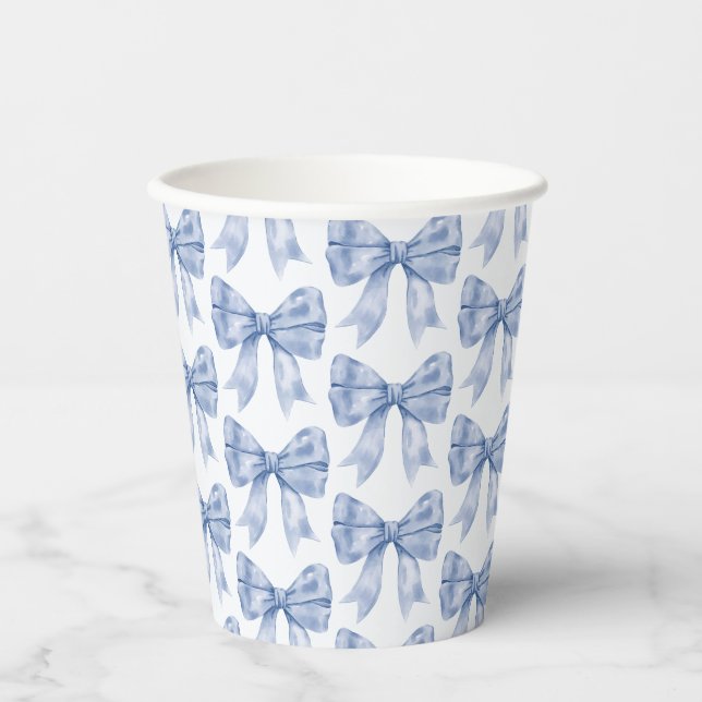 Blue Bow Baby or Bridal Shower, Birthday Party Paper Cups (Front)