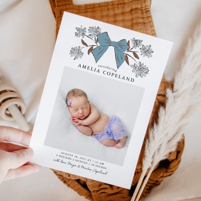 Blue Bow Baby Photo Birth Announcement (Creator Uploaded)