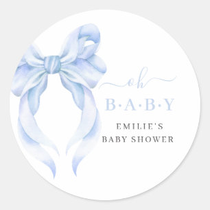 Blue Bow Baby Shower Boy Blue Coquette Minimalist Classic Round Sticker
