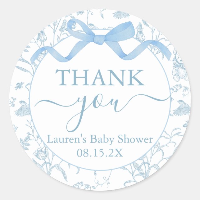 Blue Bow Baby Shower Boy Classic Round Sticker (Front)