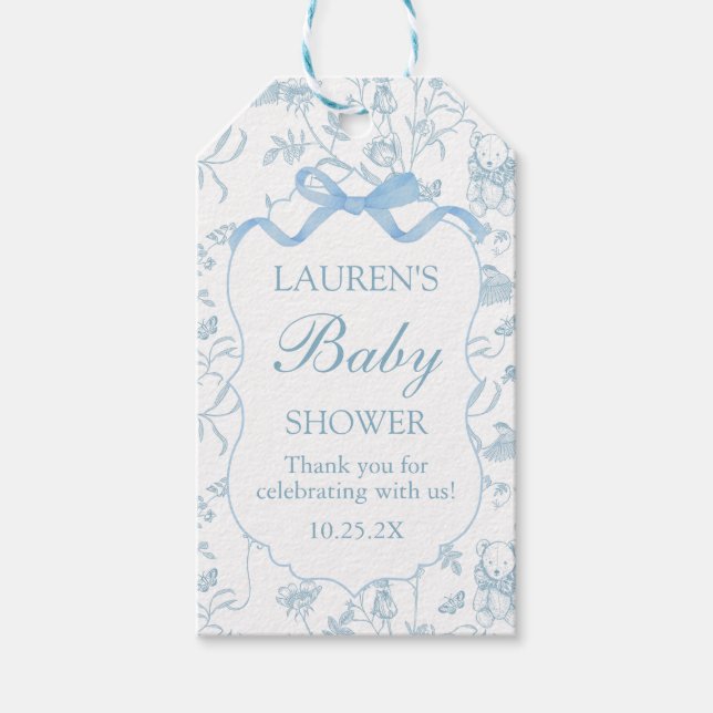 Blue Bow Baby Shower Boy Gift Tag (Front)
