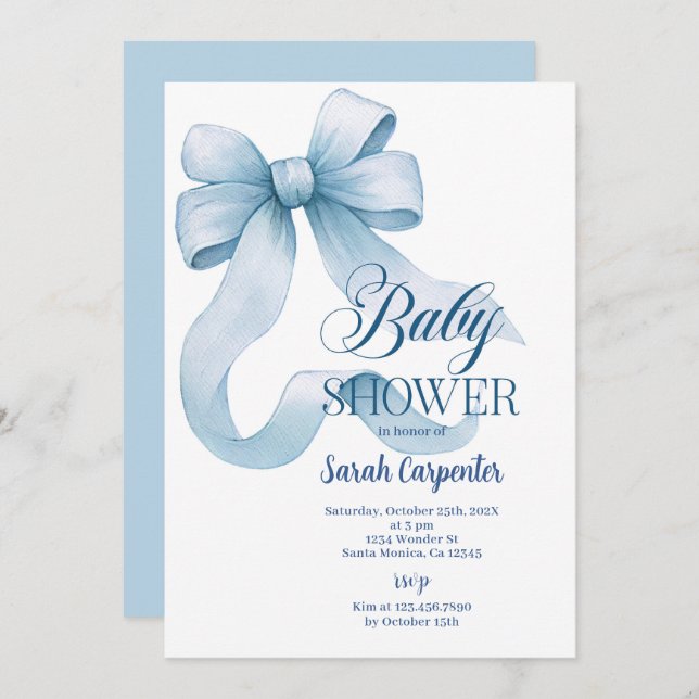Blue Bow Baby Shower Boy Invitation (Front/Back)