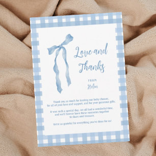 Blue bow baby shower boys plaid thank you card