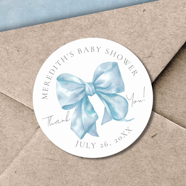 Blue Bow Baby Shower Classic Round Sticker (Blue Bow Baby Shower Classic Round Sticker)