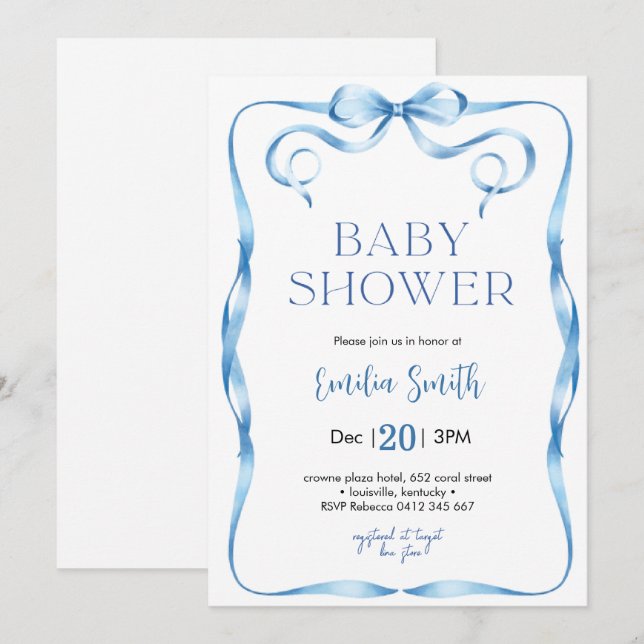  Blue Bow Baby shower Invitation (Front/Back)