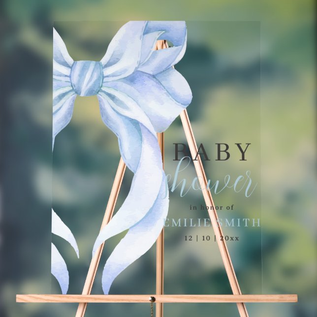 Blue Bow Baby Shower Invitation, Boy Baby Shower Acrylic Sign (Neutral)