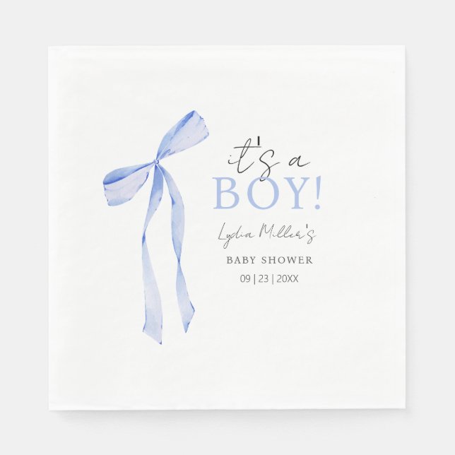 Blue Bow Baby Shower Invitation, Boy Baby Shower Napkin (Front)