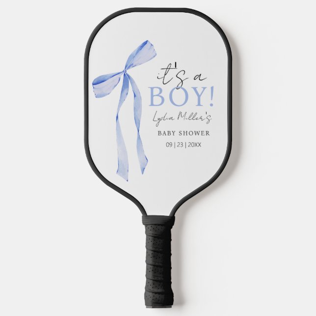 Blue Bow Baby Shower Invitation, Boy Baby Shower Pickleball Paddle (Front)