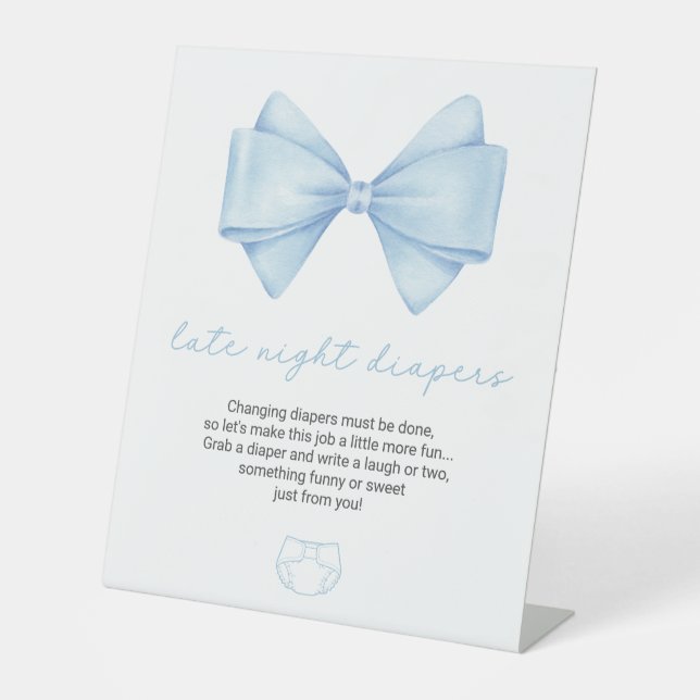 Blue Bow Baby Shower Late Night Diapers Pedestal Sign (Front)