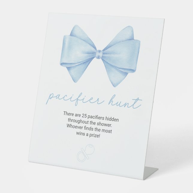 Blue Bow Baby Shower Pacifier Hunt Pedestal Sign (Front)
