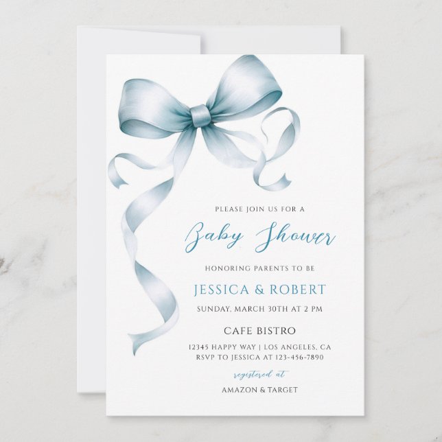 Blue Bow Baby Shower Party Invitation (Front)