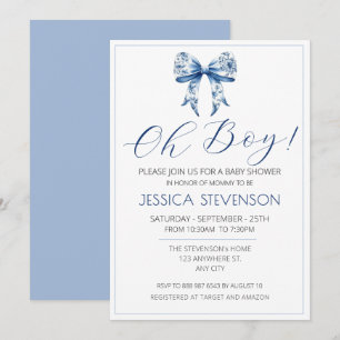 Blue Bow Baby Shower Watercolor Invitation
