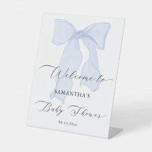 Blue Bow Baby Shower Welcome Pedestal Sign