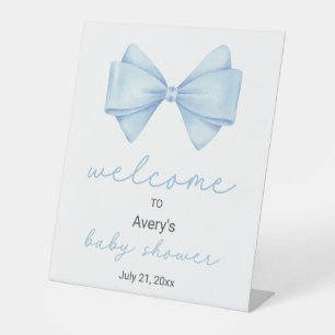 Blue Bow Baby Shower Welcome Pedestal Sign