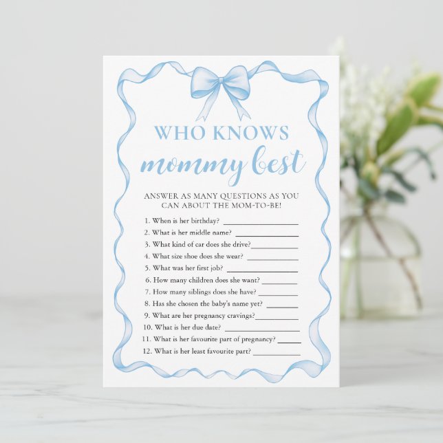 Blue Bow Baby Shower Who Knows Mummy Best Game Invitation (Standing Front)