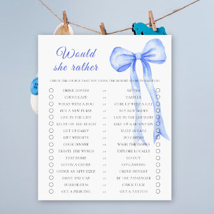 Blue bow baby shower Would she rather game 