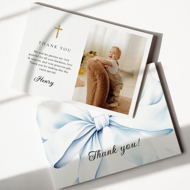 Blue Bow Baptism Photo Flat Thank You Card (Creator Uploaded)