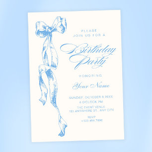 Blue bow birthday invitation