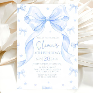 Blue Bow Birthday Invitation, Girl Blue Birthday  Invitation