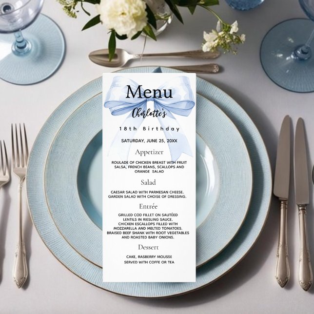 Blue bow birthday menu card (Creator Uploaded)