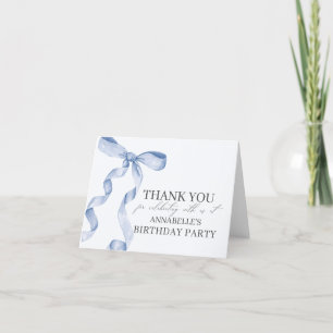 Blue Bow Birthday Party Blank Thank You Card