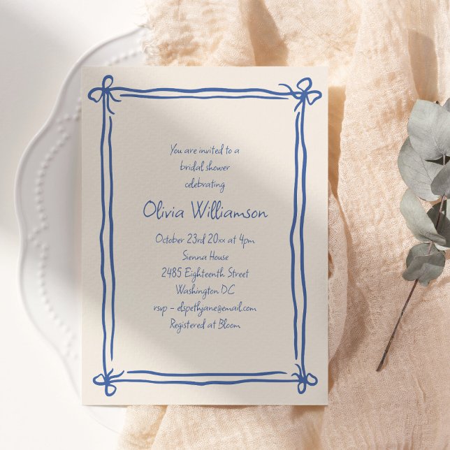 Blue Bow Border Bridal Shower Cornflower Invitation (Creator Uploaded)