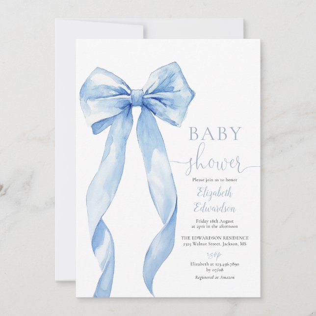 Blue Bow Boy Baby Shower All In One Invitation (Front)