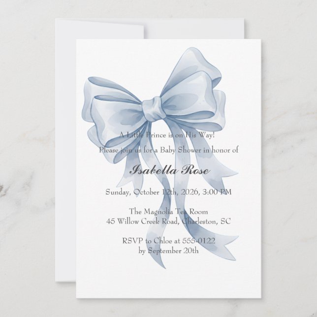 Blue Bow Boy Baby Shower Invitation Coquette (Front)
