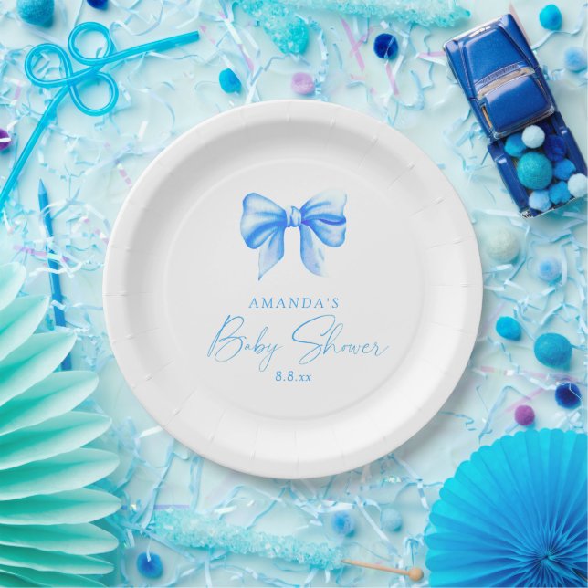 Blue bow Boy Baby shower Paper Plate (Party)