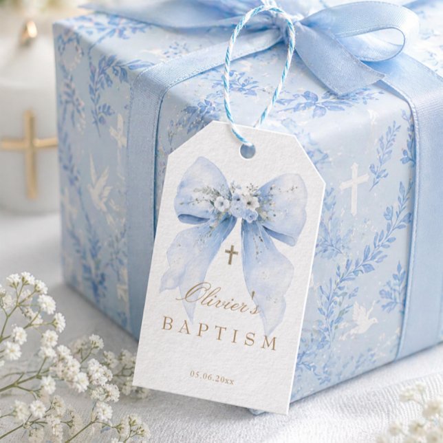 Blue Bow Boy Baptism Gift Tag (Creator Uploaded)