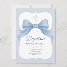 Blue Bow Boy Baptism Invitation with Cross Wreath