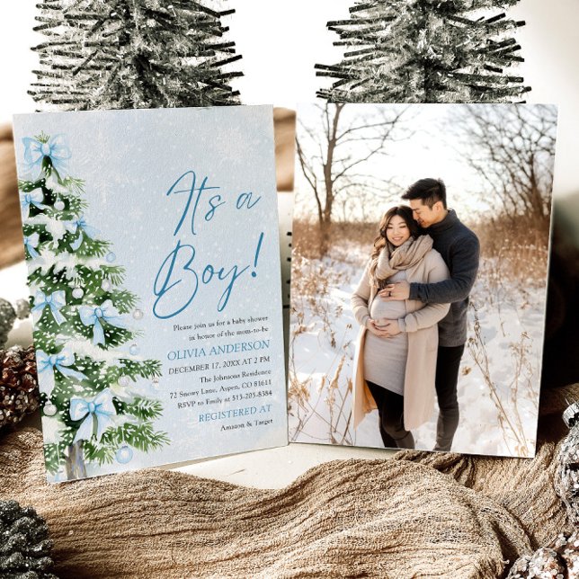 Blue Bow Boy Christmas Tree Oh Baby Baby Shower  Invitation (Creator Uploaded)