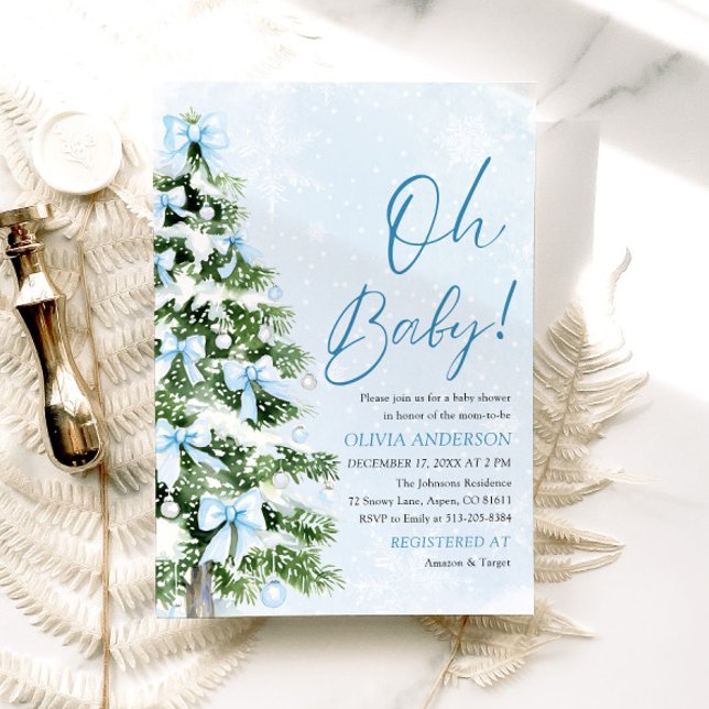 Blue Bow Boy Christmas Tree Oh Baby Baby Shower Invitation (Creator Uploaded)