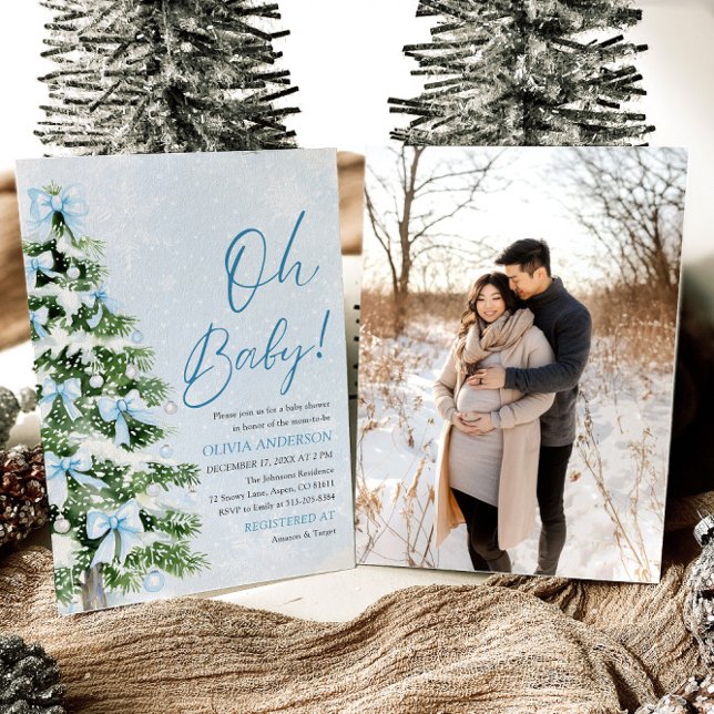 Blue Bow Boy Christmas Tree Oh Baby Baby Shower Invitation (Creator Uploaded)
