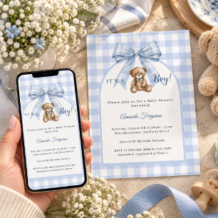 Blue bow boy gingham teddy bear Baby Shower Invitation