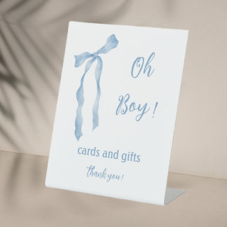 Blue bow boys baby shower plaid cards and gifts pedestal sign