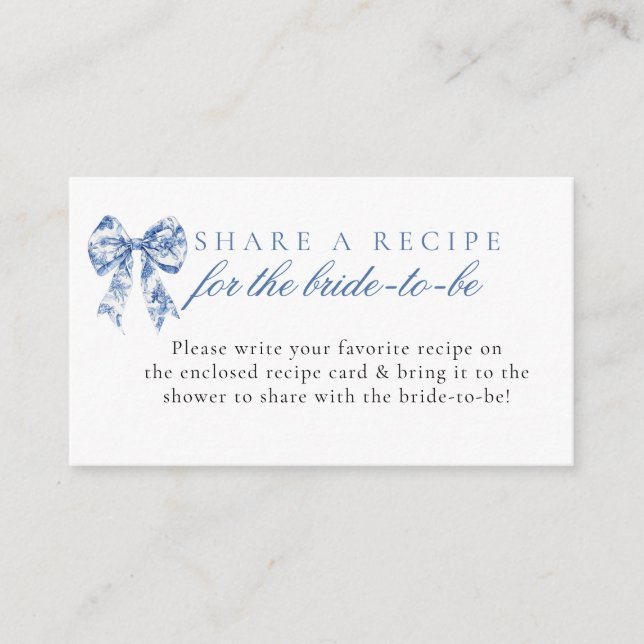 Blue Bow Bridal Shower Recipe Request Card (Front)