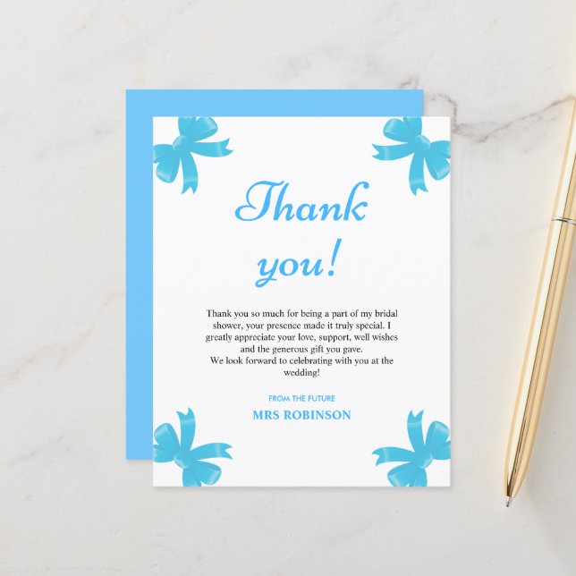 Blue Bow Bridal Shower Thank You Card (Front/Back In Situ)