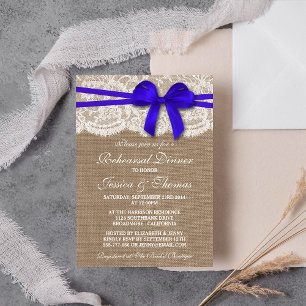 Blue Bow Burlap & Lace Wedding Rehearsal Dinner Invitation