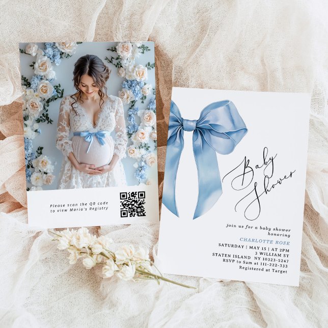 Blue Bow calligraphy Photo QR code Baby Shower  Invitation (Creator Uploaded)