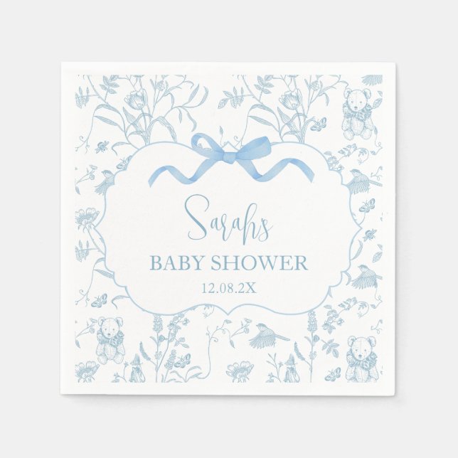 Blue Bow Chinoiserie Baby Shower Boy Napkin (Front)